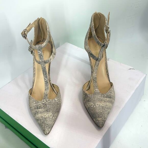 Nine West Cream Heels with Pointed Toe and Ankle Strap T Strap Snake Print 8 - Picture 1 of 13